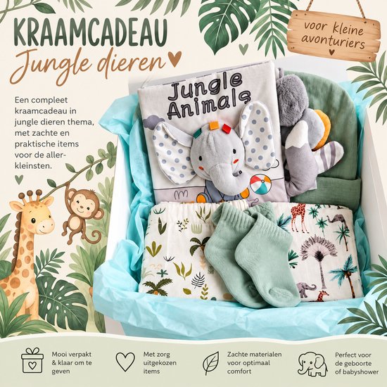 Kraamcadeauset met Jungle Animals boekje, knuffel, muts, sokjes en broekje in een geschenkdoos.