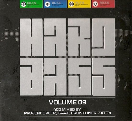 Zwarte CD-cover Hard Bass Volume 09 met grote zilveren letters en statusbalken voor teams bovenaan.