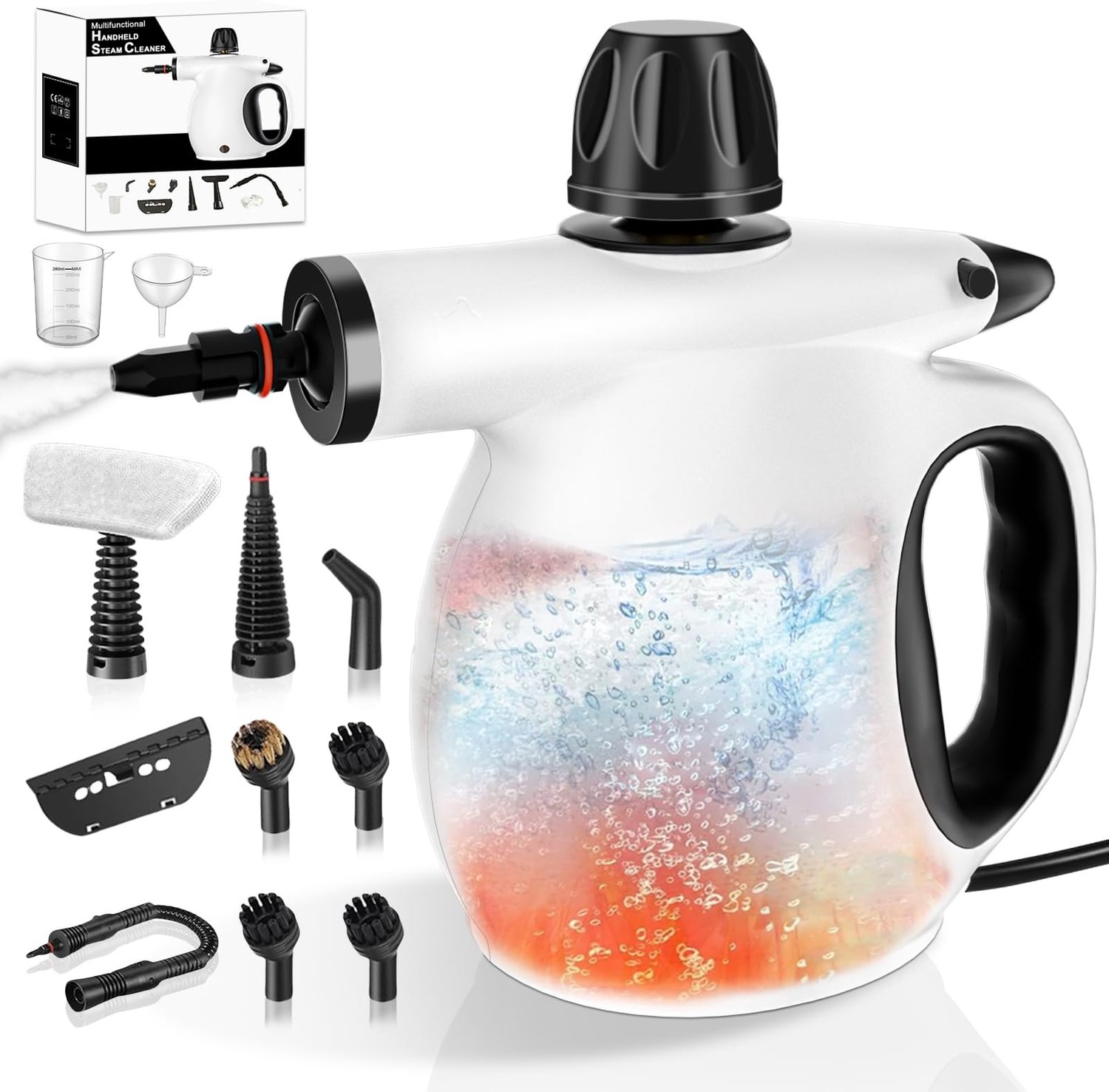 BLOSSOM Handstoomreiniger - 350ML - 1300W - Met Veiligheidsslot & 12 Delige Accessoireset - Tapijtreiniger - Vlekkenreiniger - Draagbare Multifunctionele Stoomreiniger - Voor Badkamer & Keuken