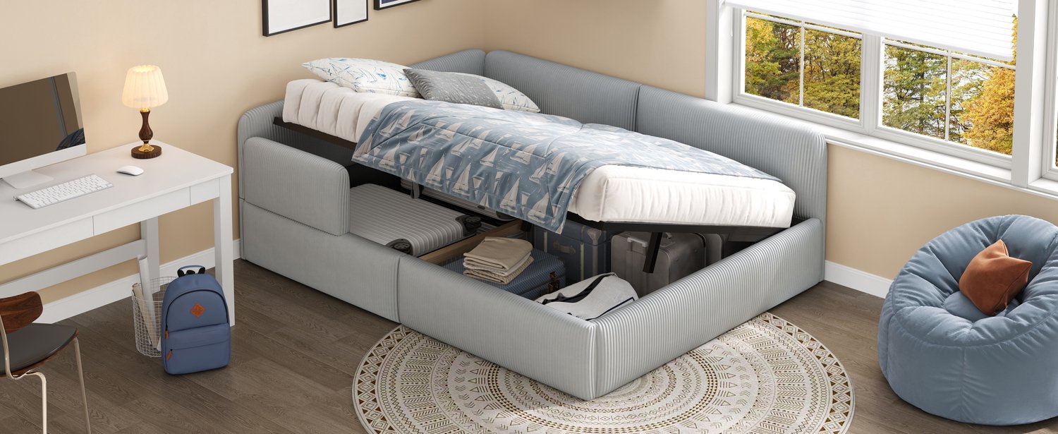 Wishdor Gestoffeerd dagbed 140x200 cm - Met opbergruimte en zijbeveiliging - Slaapbank met lattenbodem en zachte rugleuning - Voor logeerkamer en kleine ruimtes - Ribstof en MDF - Grijs