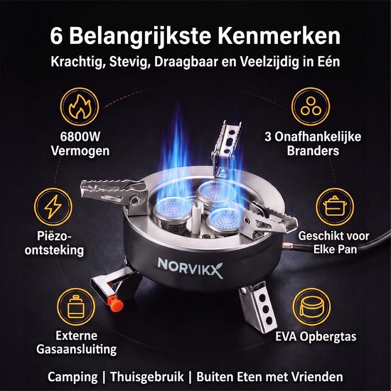 Krachtige 3-Pits Camping Gastank Brander - Compact & Opvouwbaar Outdoor Kooktoestel - Inclusief Waterbestendige EVA Draagtas - Snel en Efficiënt Koken voor Onderweg, Kamperen en Picknick - Zilver — afbeelding 4