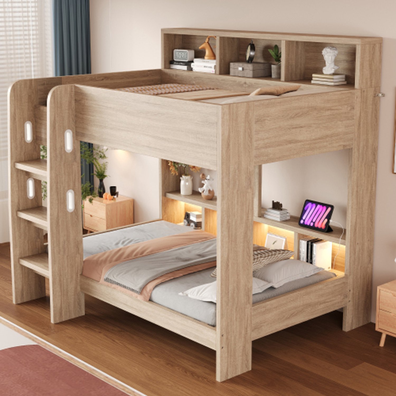 Zubaliya Houten Stapelbed 90x200 cm in Naturel Hout met LED Verlichting & Stopcontacten - Kinderbed met Opbergvakken & Verbrede Trap - Houtkleur Natuurlijke houtkleur