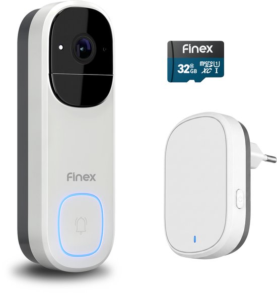 Witte Finex video-deurbel met camera, bijbehorende gong en 32GB microSD-kaart.