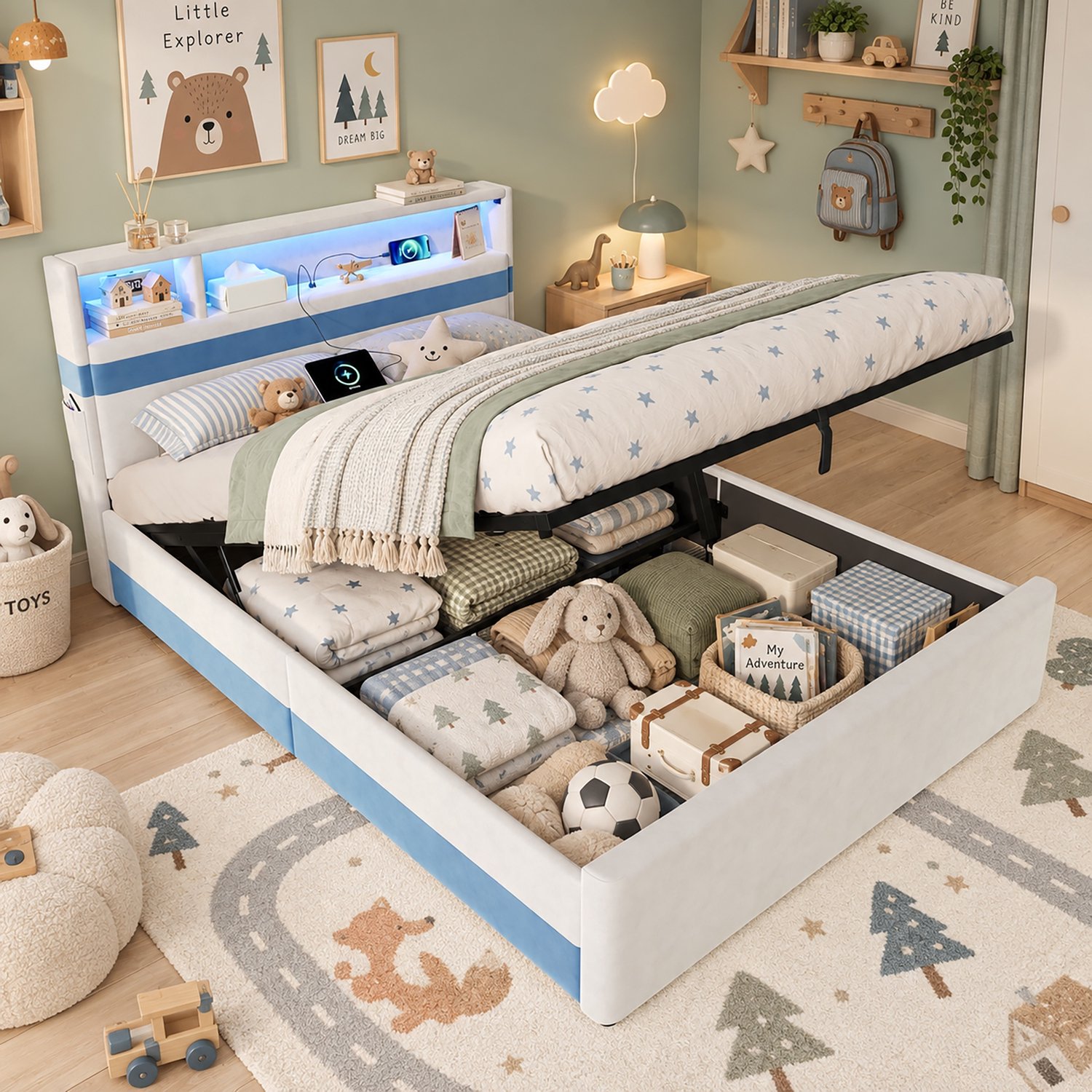 Sweiko Kinderbed - 140 x 200 cm - Tweepersoonsbed - Opbergruimte - LED-verlichting - Met oplaadpoort - Velvet - Wit + Blauw