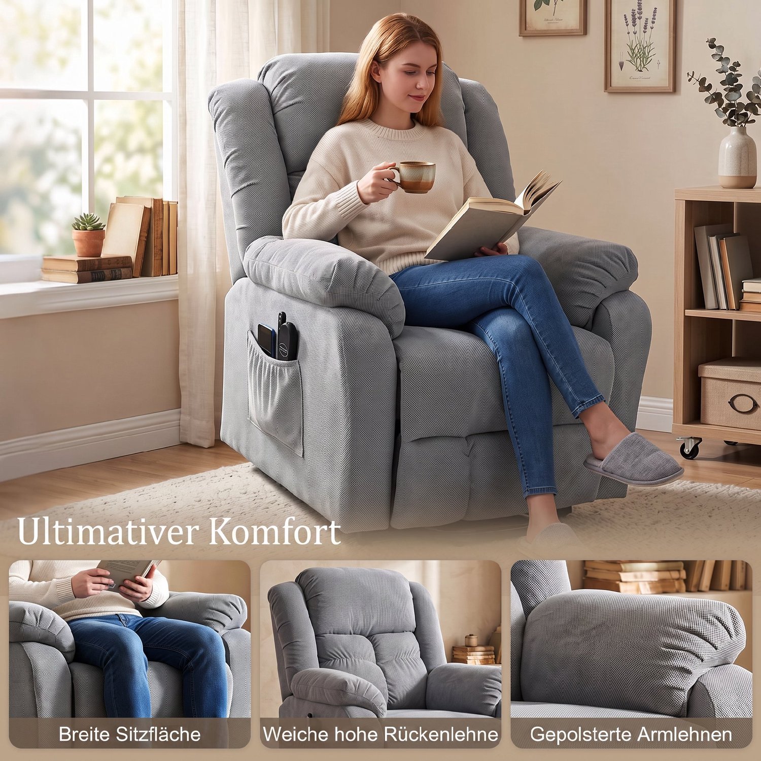 HOMCOM relaxfauteuil met opstahulp en massage - TV-fauteuil elektrisch - Sta-op stoel - Lichtgrijs – foto 8