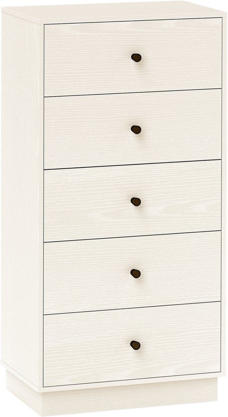 Smalle crème commode met 5 laden, donkere knoppen.