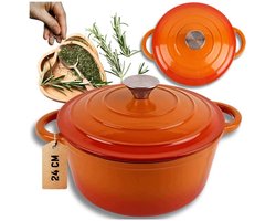 Hage - Kookpan - Stoofpan - Braadpan - Gietijzeren Pot met Deksel - Geëmailleerd Gietijzeren Braadpan - Inductie & Dutch Oven Geschikt - Inclusief Mini Ovenhandschoenen & Onderzetter - Voor Braden, Stoven, Soep & Brood - 4Liters - Ø24cm - Oranje