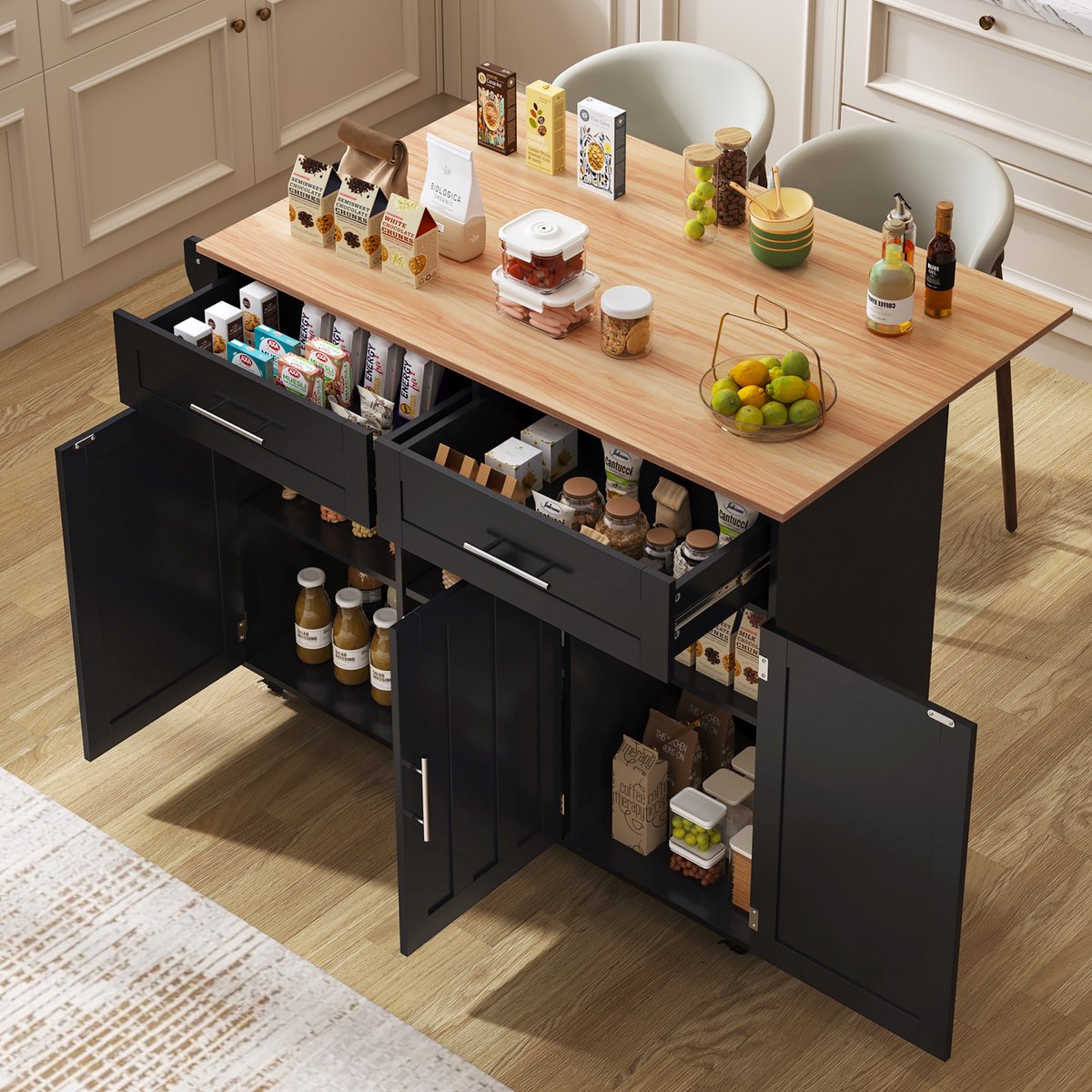 Clruro Keukenwagen - 129x46(71)x91,5 cm - met Klaptafelblad en 2 Laden - Keuken Eiland - MDF - Zwart