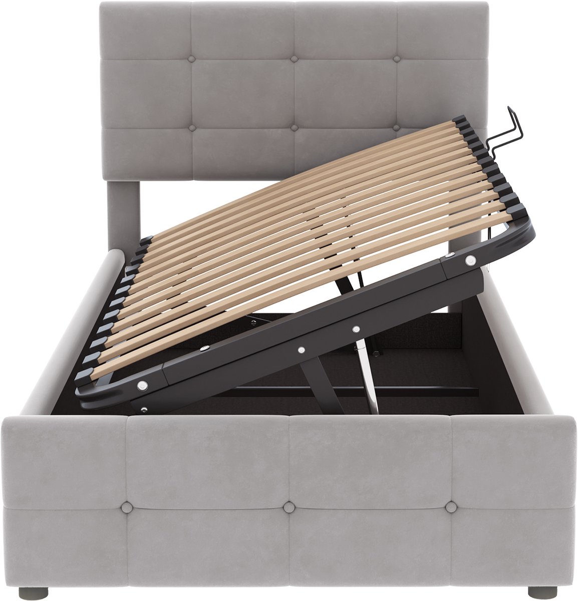 MUVANO Gestoffeerd eenpersoonsbed grijs - Kinderbed 90x200 met opbergruimte - Grijs velours kinderbed - 90x200 cm - Hydraulisch opklapbaar - Slaapkamer Grijs