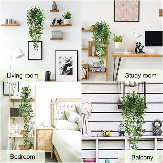 Collage van kunstplanten in verschillende interieurs: woonkamer, studeerkamer, slaapkamer, balkon.