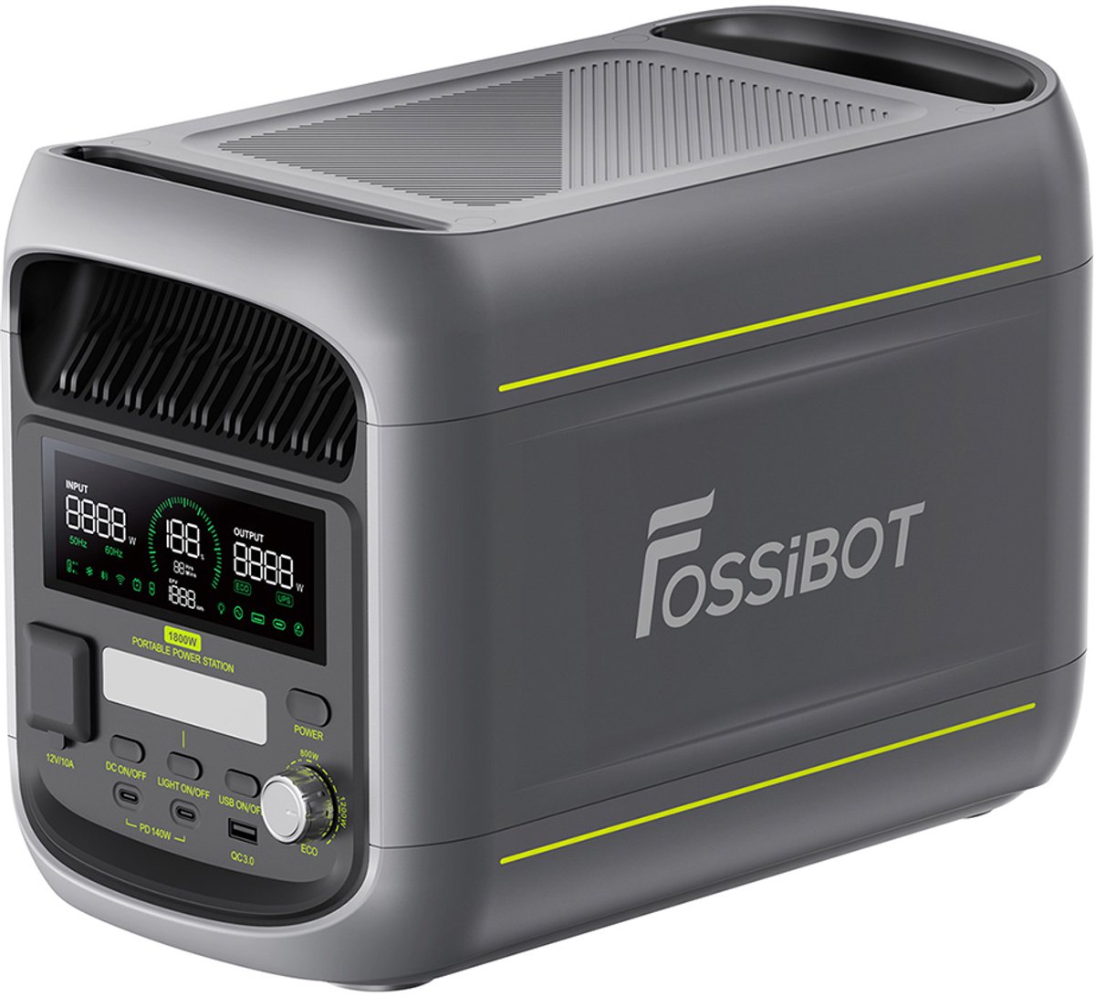 FOSSiBOT F1800 draagbare powerstation, 1024Wh LiFePO4, 1800W wisselstroomuitgang, ultrasnel opladen via 1200W wisselstroom en 500W zonne-energie, meerdere poorten (USB/Type-C/auto-uitgang), app-gestuurd, stille UPS (<10ms)