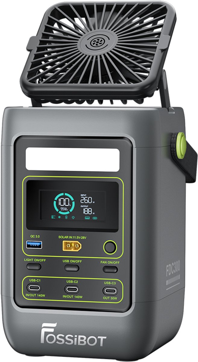 FOSSiBOT FDC300 draagbaar powerstation, 288Wh LiFePO4-batterij, dubbele 140W USB-C-uitgang met hoog vermogen, snel opladen via USB-C/zonne-energie/auto, QC3.0 USB-A-poort, XT60-ingang voor auto en zonne-energie, slim HD-display