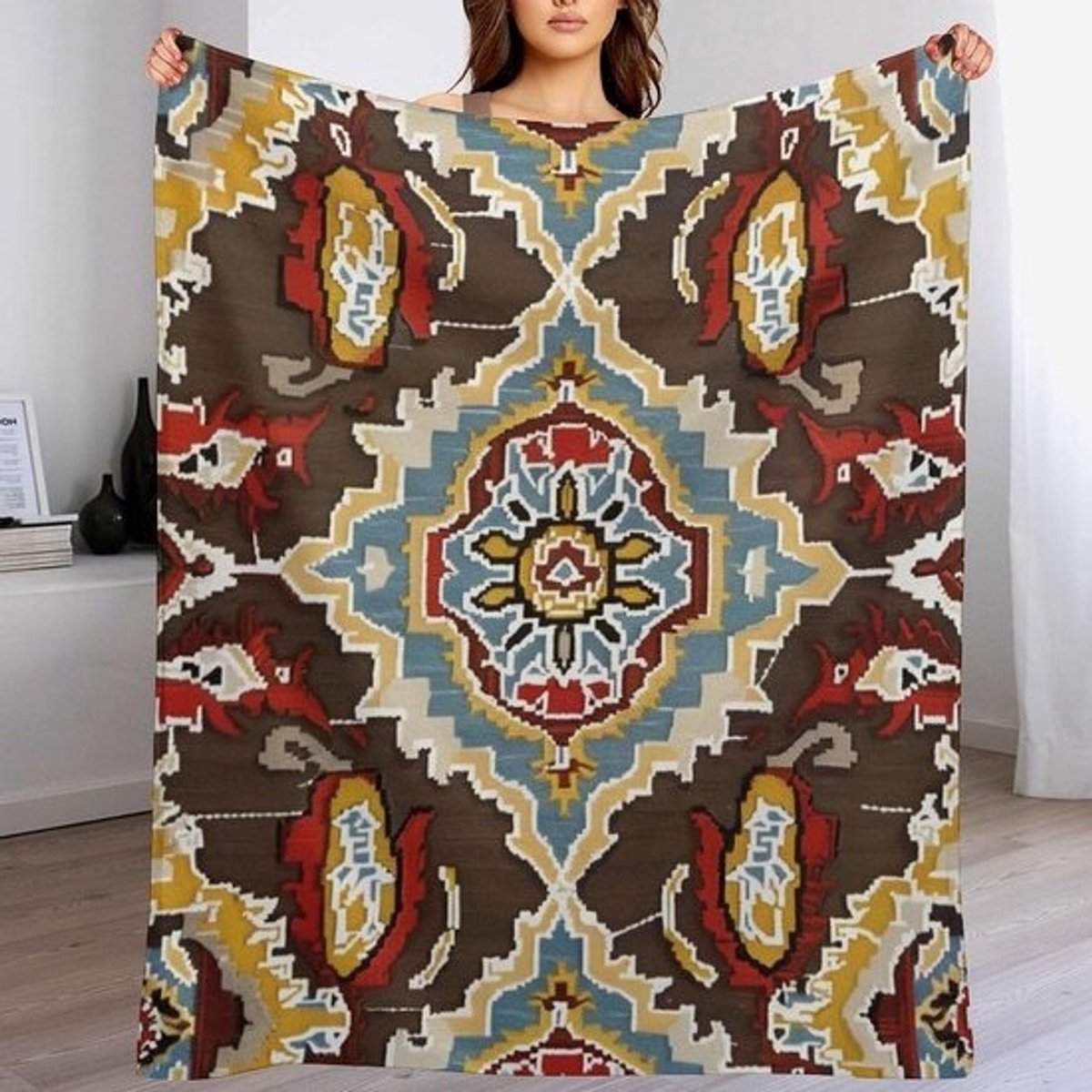 Geometrische Kelim Deken - Marokkaanse Plaid - Bank en Bed - Superzacht Flanel Fleece - 70x80 inch - Stijl-6-1