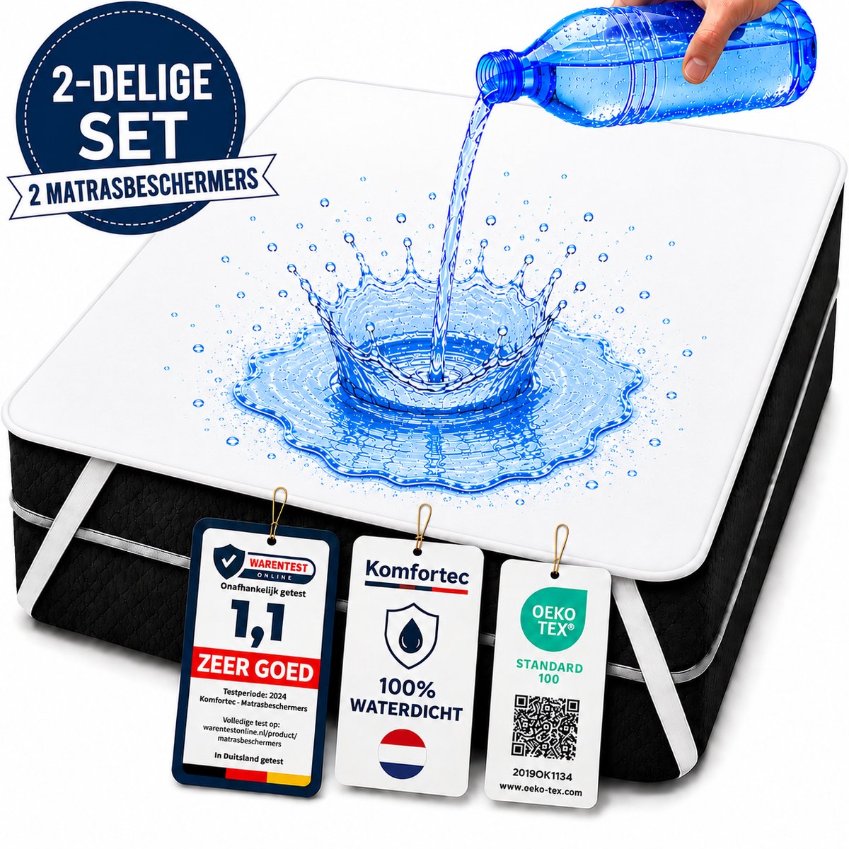 Komfortec Set van 2 Waterdichte Matrasbeschermers 180x200 cm Dubbelpak - Matrasbeschermhoes - Ademende Matrashoes - Niet Krakende Matrasbeschermer - Incontinentiemateriaal - Wit