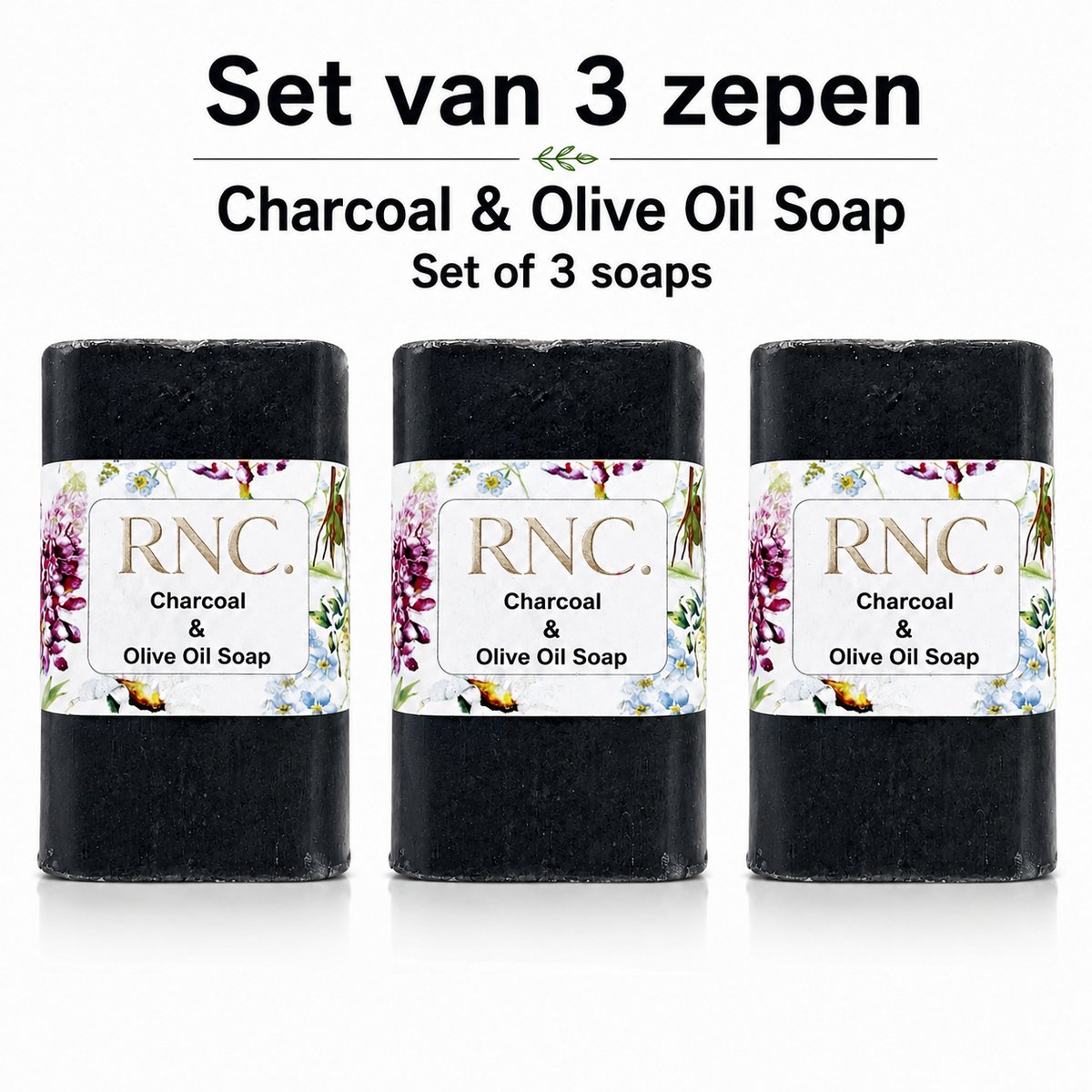 RNC Natuurlijke Actieve Kool Zeep met Olijfolie – Set van 3 – Handgemaakte Zeep – Handzeep & Douchezeep – 3 x 100 g