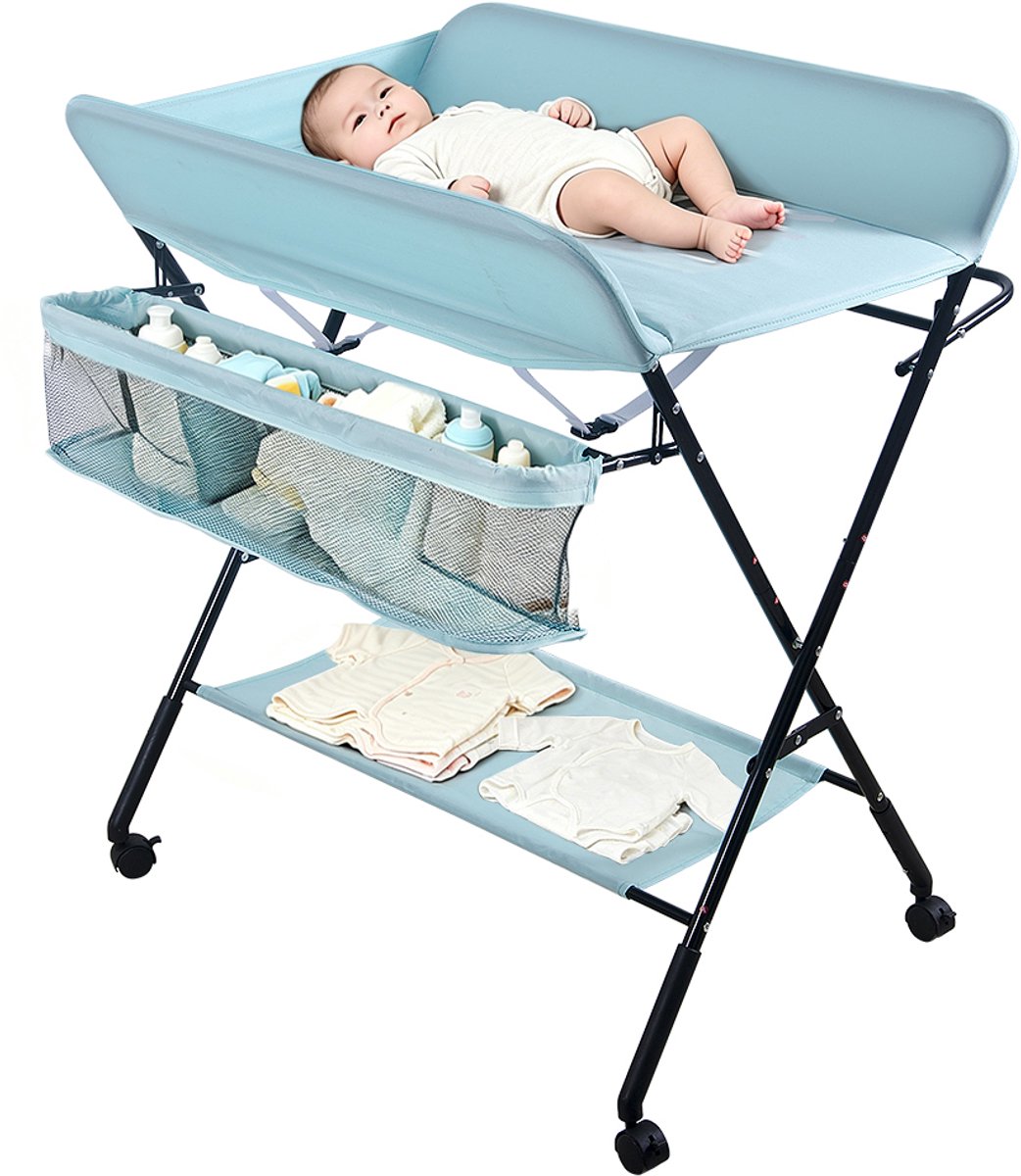 PIPIPOXER Luiertafel opvouwbaar - Met wielen - Vrijstaande Verschoontafe- Afneembare Zij-Caddy - Verstelbare Hoogte – Aankleedkussen - Verzorgingstafel - Opvouwbare & Mobiele commode - Hemelsblauw