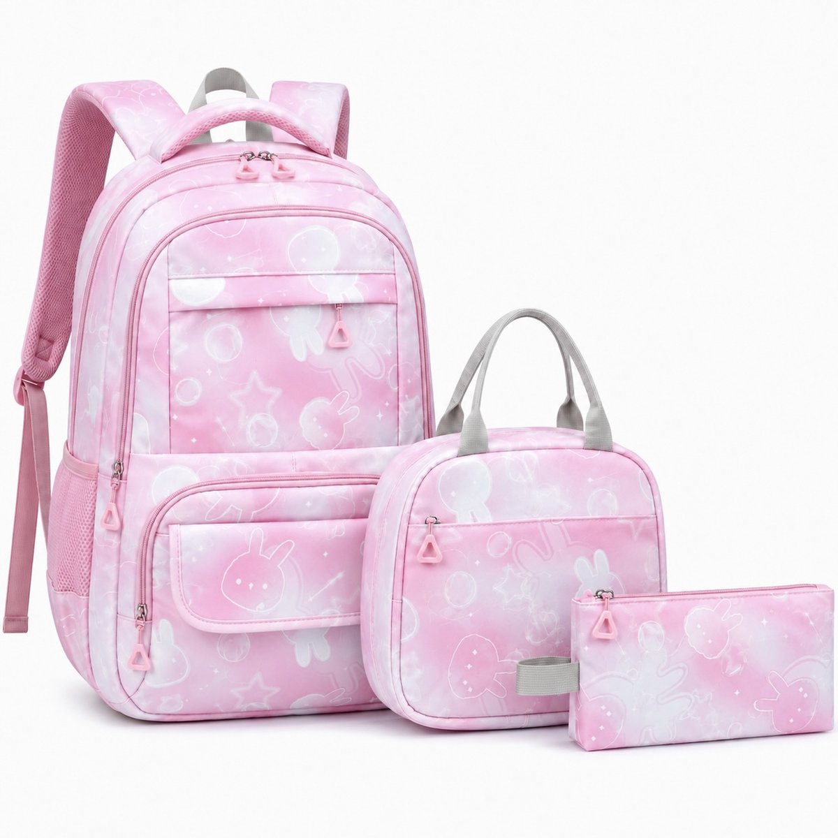 Ultiluxe® Rugzak, lunchtas en etui met konijntjes - Schoolrugzak voor kinderen - School rugtas voor meisjes - 45 x 31 x 18 cm - Meiden school tassen set - 25L - Schooltas voor meisjes - 3 stuks - Roze