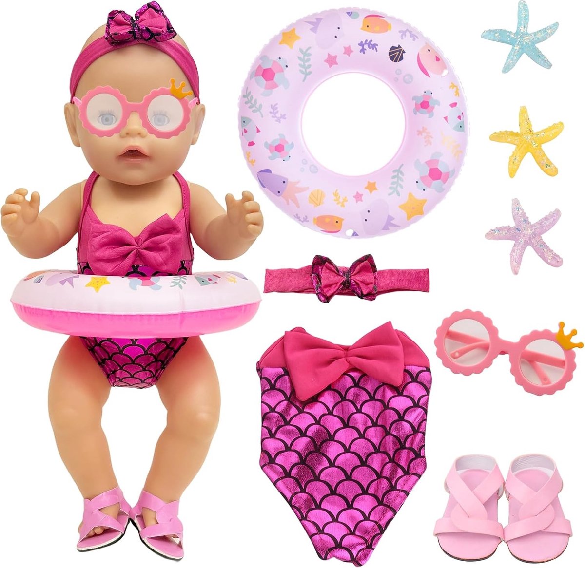 Mermaid zwemset voor poppen van 35-45 cm - Roze en rode zwempak met accessoires voor babyzwemmen