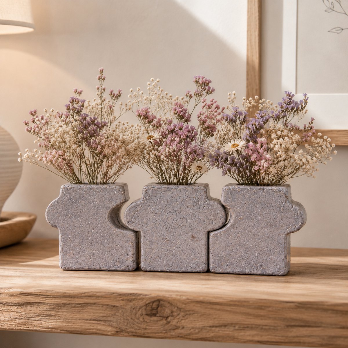 ZoeZo Design 3 stuks - vaas - vaasjes - set van 3 - aardewerk - puzzelvaas - robuust - stoer - sober - grijs