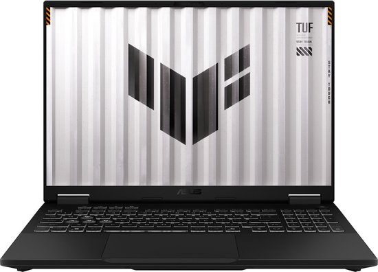 Zwarte Asus TUF laptop met groot ASUS logo op de achterkant en een gestreept patroon. Het toetsenbord is verlicht.