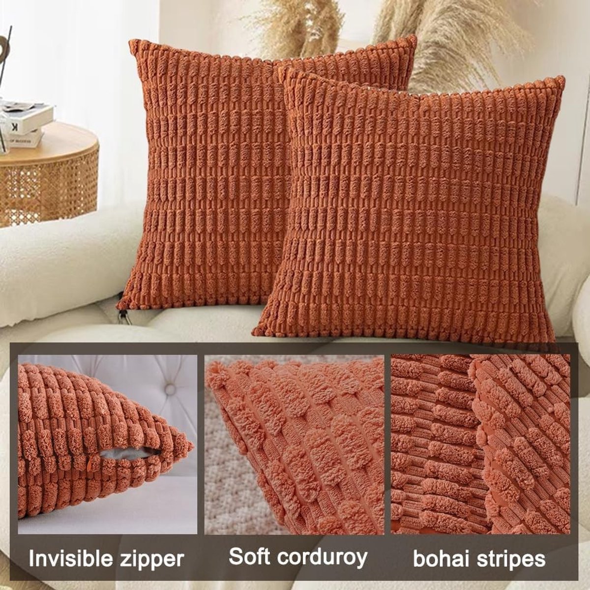 Set van 2 decoratieve kussenhoezen van corduroy met verborgen ritssluiting voor woonkamer en slaapkamer, 45 x 45 cm, lichtbruin, trendy en comfortabel