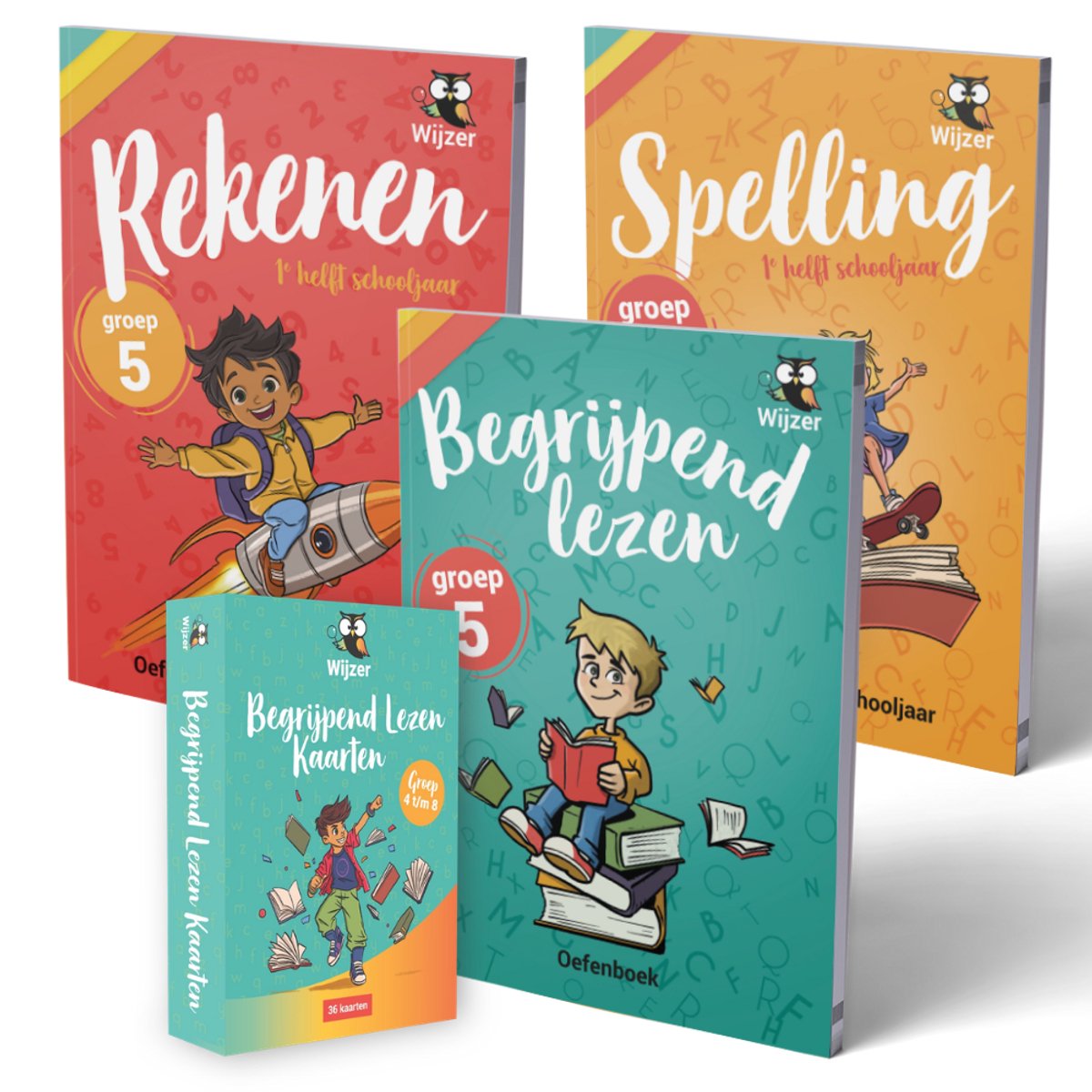 Set van vier leermiddelen: Rekenen groep 5, Spelling groep 5, Begrijpend Lezen groep 5 en Begrijpend Lezen kaarten.