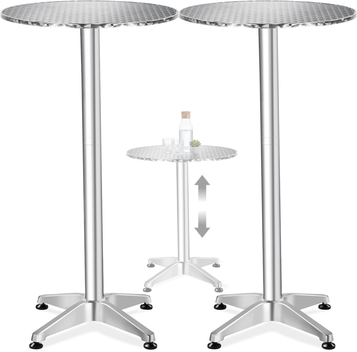 Tectake Statafels - Set van 2 Ronde Bistrotafels - Bartafels van Aluminium - In Hoogte Verstelbare Tafel Tussen 70 cm en 110 cm - Partytafel - Tuintafel - Balkontafel - Biertafel - Weerbestendig - Ø 60 cm - Zilver