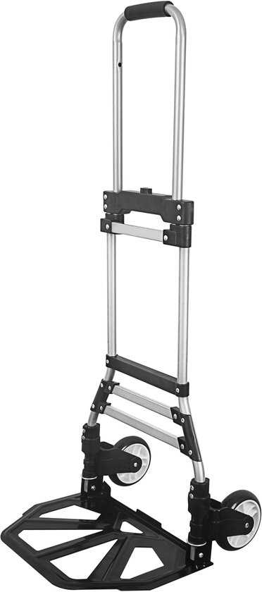 Zilverkleurige, opvouwbare steekwagen met een zwart platform en zwarte handgreep. Compact en lichtgewicht ontwerp.
