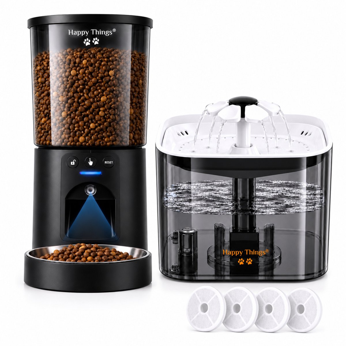 Happy Things® Voerautomaat + Drinkfontein Kat en Hond – Full HD Camera & App – Dual WiFi – 4,5L Voerbak + 2,5L Waterfontein – RVS – Incl. 4 Filters