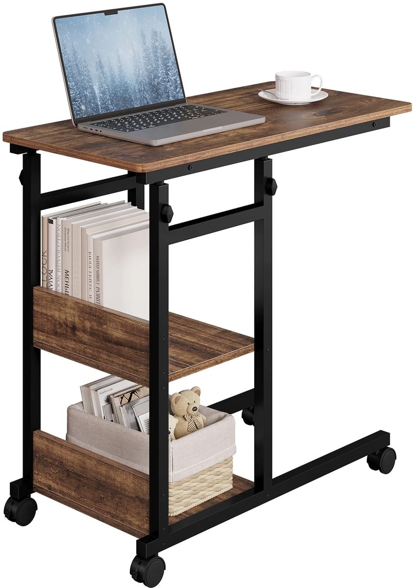 Klarven Bijzettafel Bank Hout vintage - Bijzettafel - Bijzettafel - Bijzettafel - Hoogteverstelbaar 76-96 cm, Schuift onder Bank of Bed - 4 Wielen met Rem - 3 Opbergplanken vintage wood