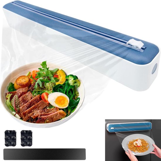 Distributeur de film bleu et blanc coupant du film plastique sur une assiette de steak, salade, légumes et œuf. Petite image le montrant sur un réfrigérateur.