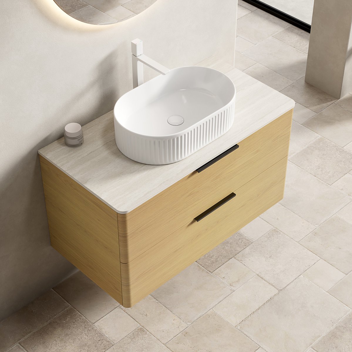 FloraGrace Badkamermeubel - Zwevend Ontwerp Met 2 Lades En Ovale Wastafel - Voor Moderne Badkamer - Hout En Keramiek - Beige Wit - 90 Cm