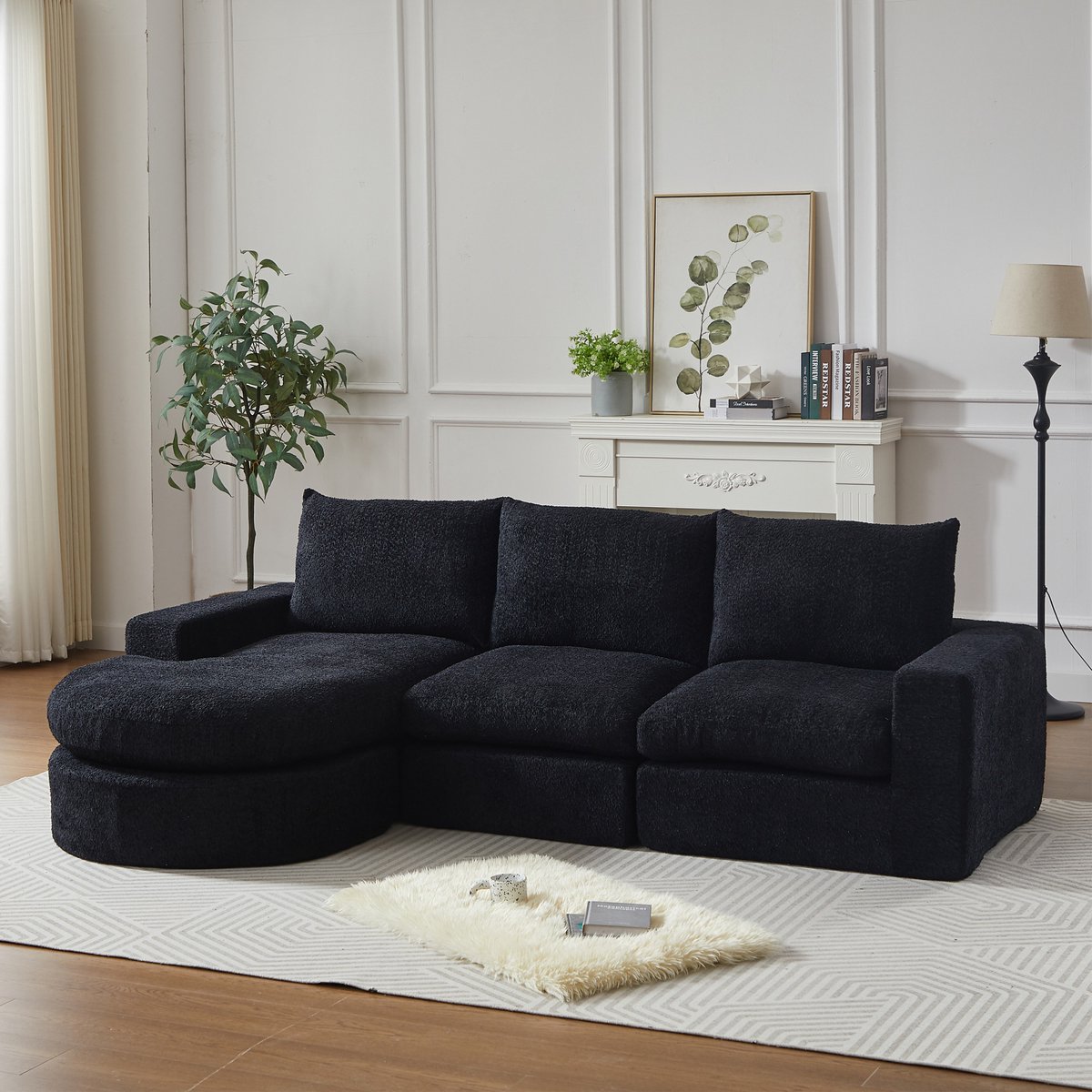 OKWISH Hoekbank – L-vormige 3-Zits Bank Met Omkeerbare Chaise Longue – Modulaire Chenille Zitbank Voor Woonkamer – Zwart