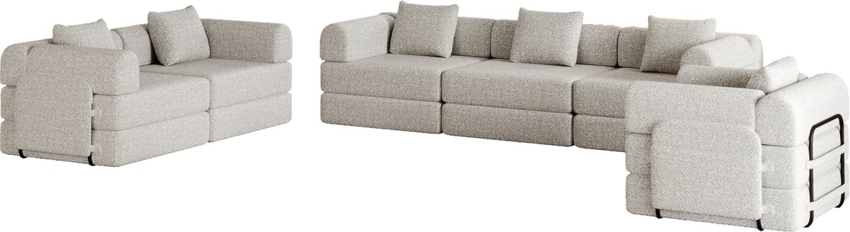 OKWISH Slaapbank 6-Zits – 2-In-1 Modulaire Bank Met Armleuning Opbergruimte En Metalen Frame – Voor Woonkamer – Chenille – Khaki