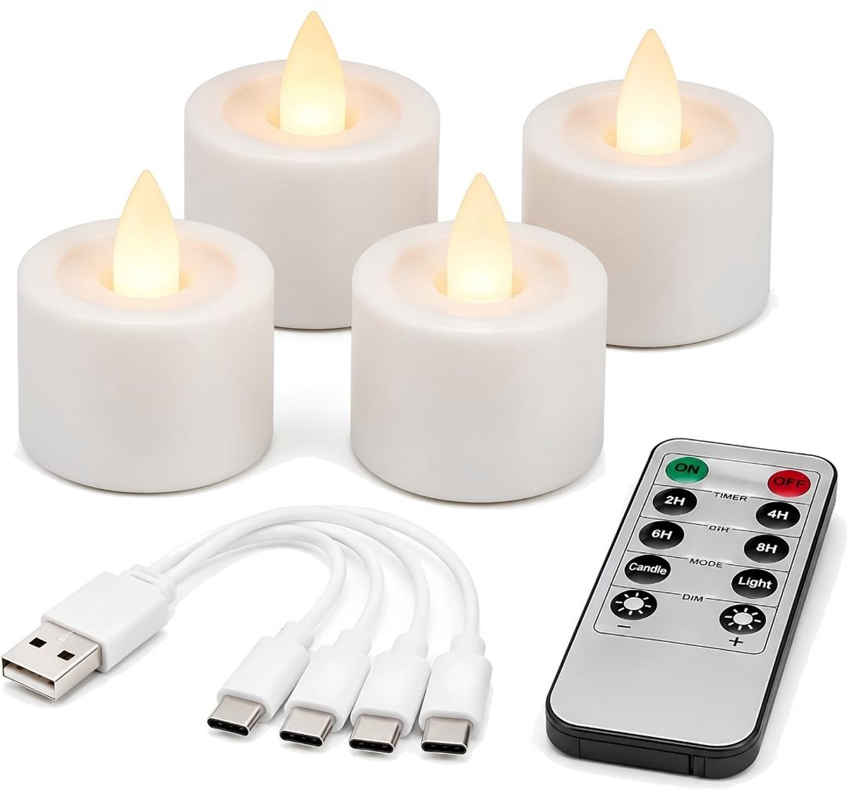 Lìon® Led Kaarsen Met Bewegende Vlam - Oplaadbare Waxinelichtjes - Oplaadbare Theelichtjes - Oplaadbare Kaarsen - Geel - 4cm x 4cm x 5cm