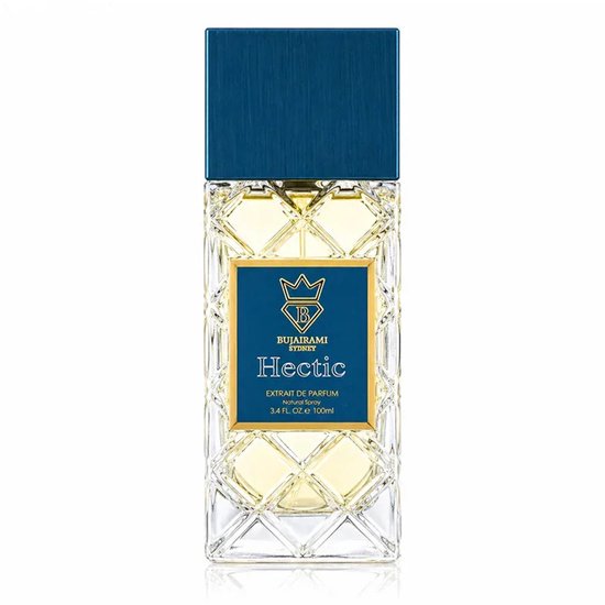 Bujairami Hectic Eau de Parfum, 100 ml met blauwe dop en gedetailleerd glas.