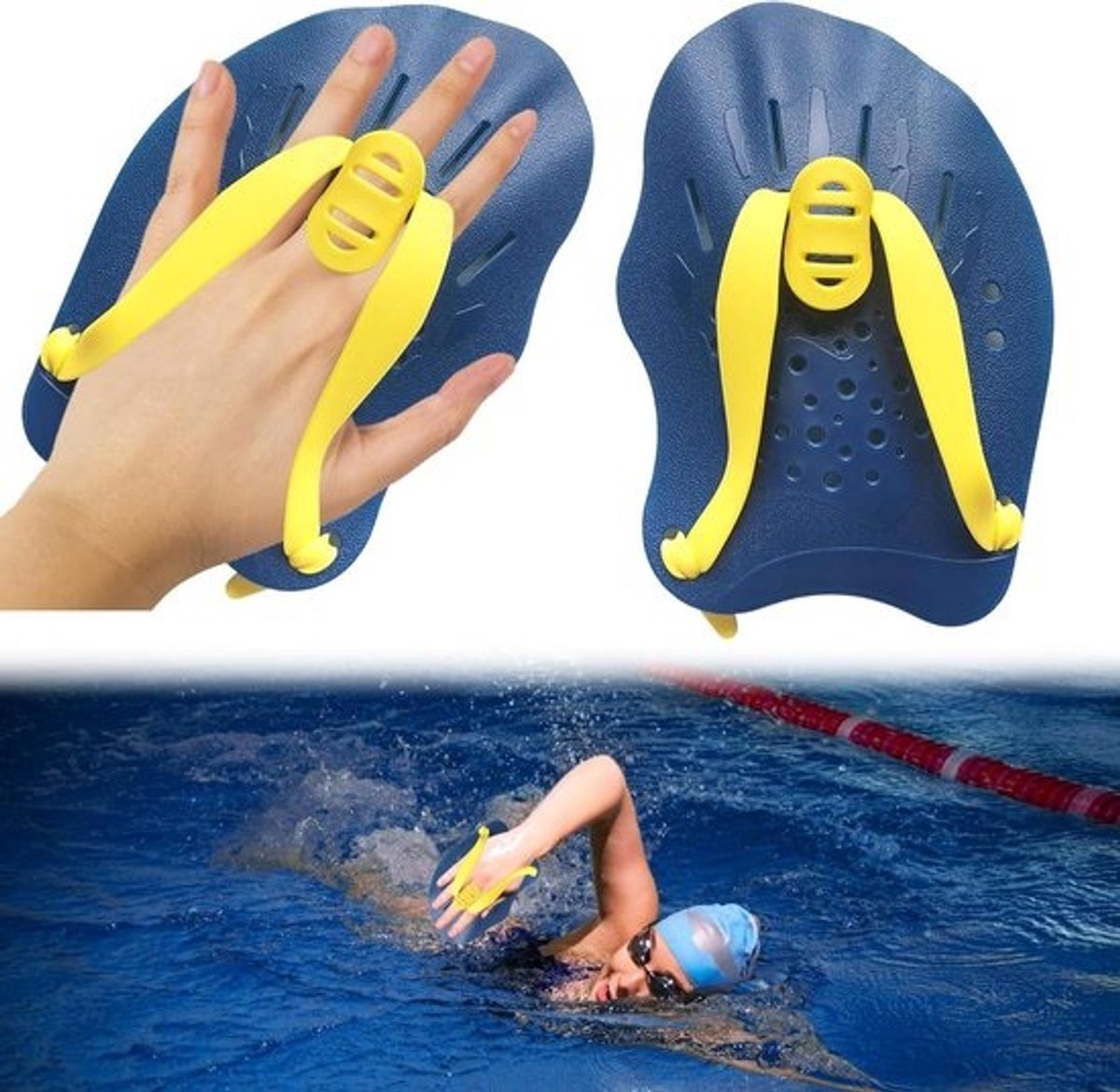 Zwem peddels - Hand peddels zwemmen - Krachttraining zwembad - Ergonomisch ontwerp - 14 x 19.5 cm - Blauw Geel