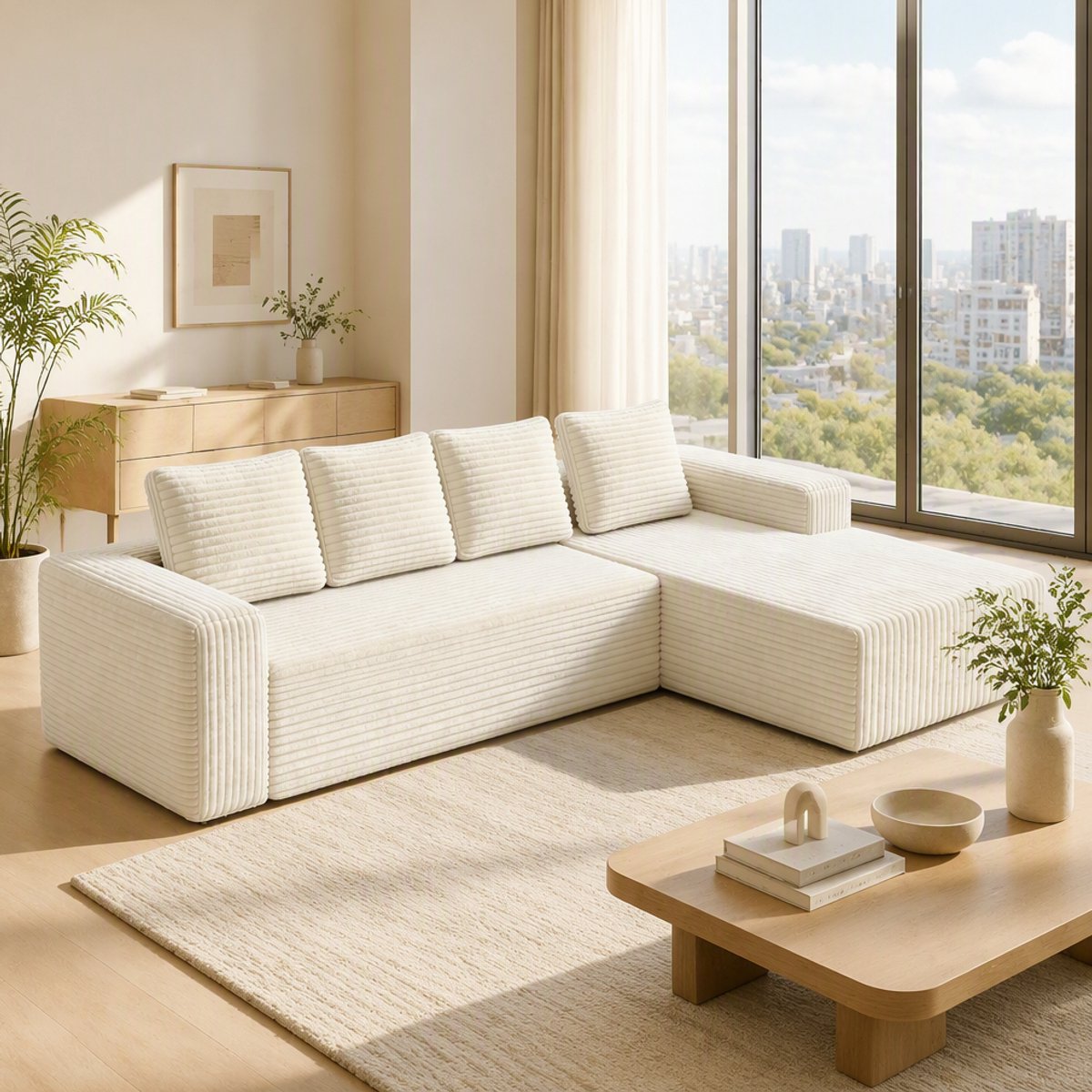 OKWISH Hoekbank – 4-Zits L-Vormige Hoekbank Met Chaise Links – Modulair En Ruim Zitcomfort – Voor Woonkamer En Slaapkamer – Stof – Beige