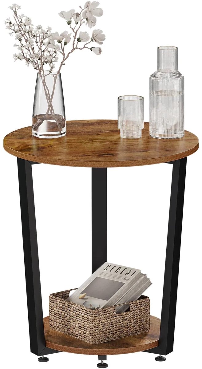 Klarven® Bijzettafel Hout Rustiek bruin - Bijzettafel Bank - Bijzettafel Rond - Bijzettafel - 2 Opbergplanken, Stabiel Metalen Frame - Rond ø50xh53cm