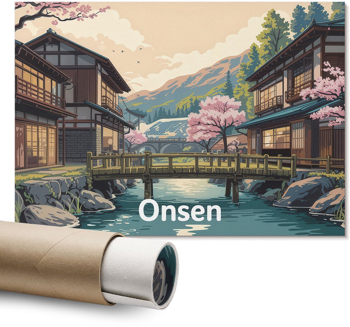 Coloray Polycanvas Wandposter – Japans Onsen-Landschap, Beige – A1 – Roze Design – Rechthoek – Canvas Wandposter – Woonkamer – Klassiek