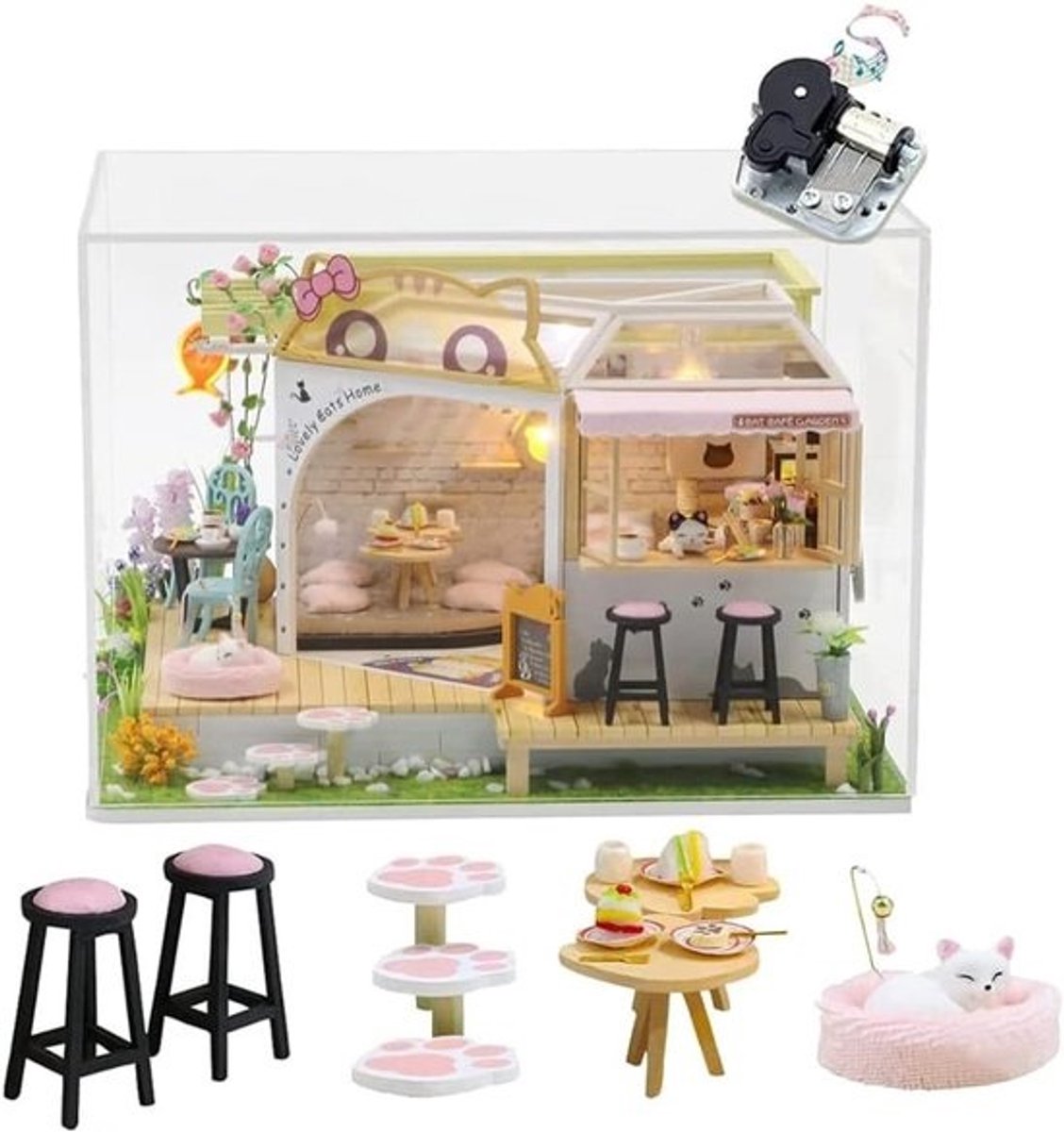 Miniatuur Poppenhuis - DIY Kat Café - Hobby Bouwen - Met Muziekdoos - 235 cm breed
