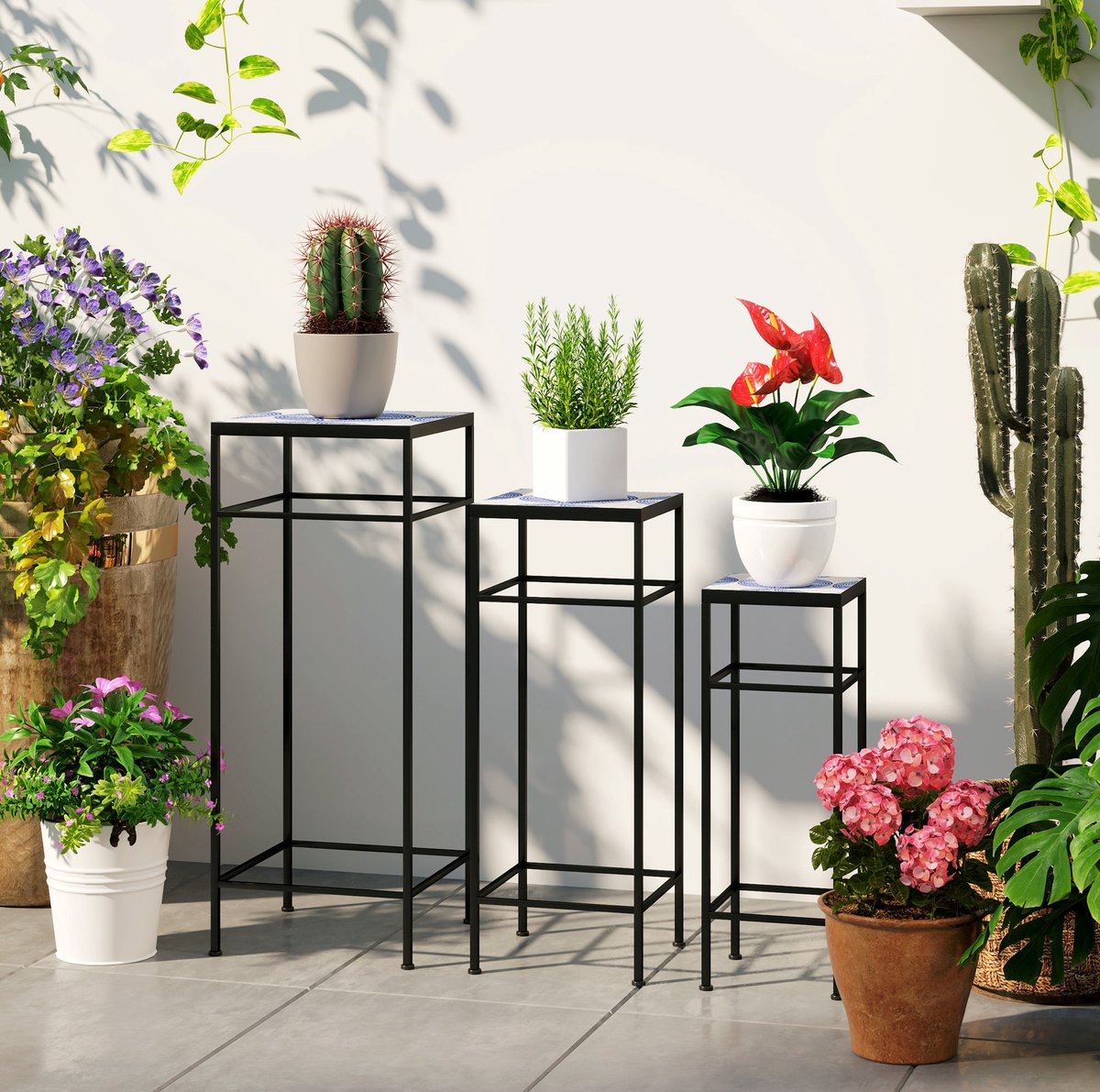 REDOM - Plantenstandaard - 3-delig - Metalen frame - Mosaïek bovenblad - Voor binnen en buiten - Blauw - Wit - Zwart - 71 cm