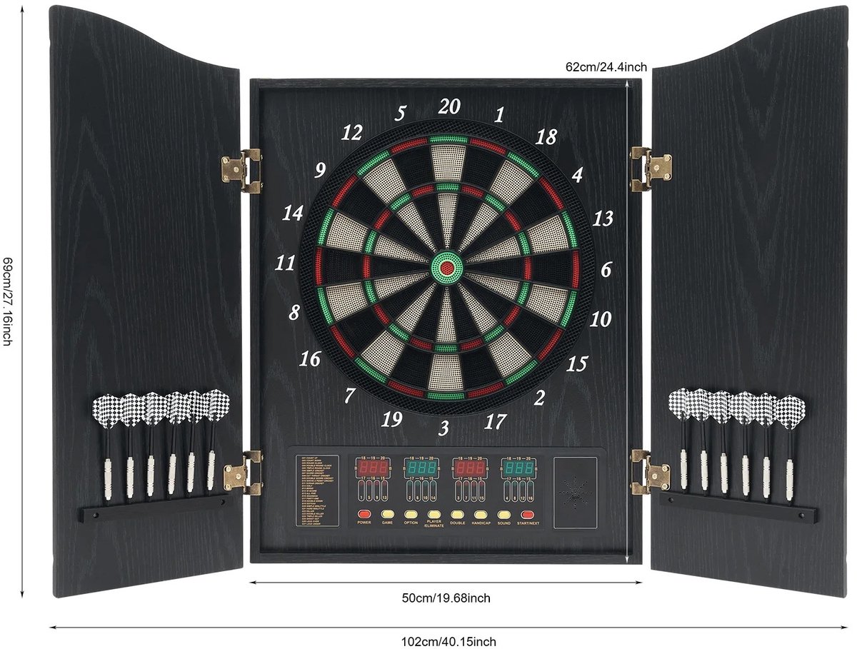 Blinxz.store – Elektronisch Dartbord met Kast – 27 Speltypen - LED-scorebord - Tot 16 Spelers - Zwart - Digitale Dartbord