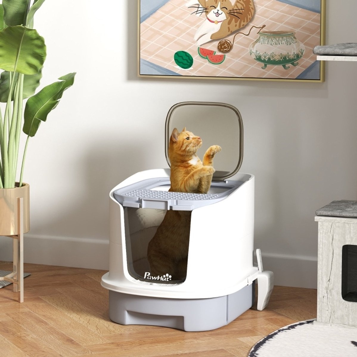 MODFU-Kattenbak Met Deksel-Boveninvoer-Uittrekbare Lade-Grijs-40,5 X 52,5 X 42,5 Cm