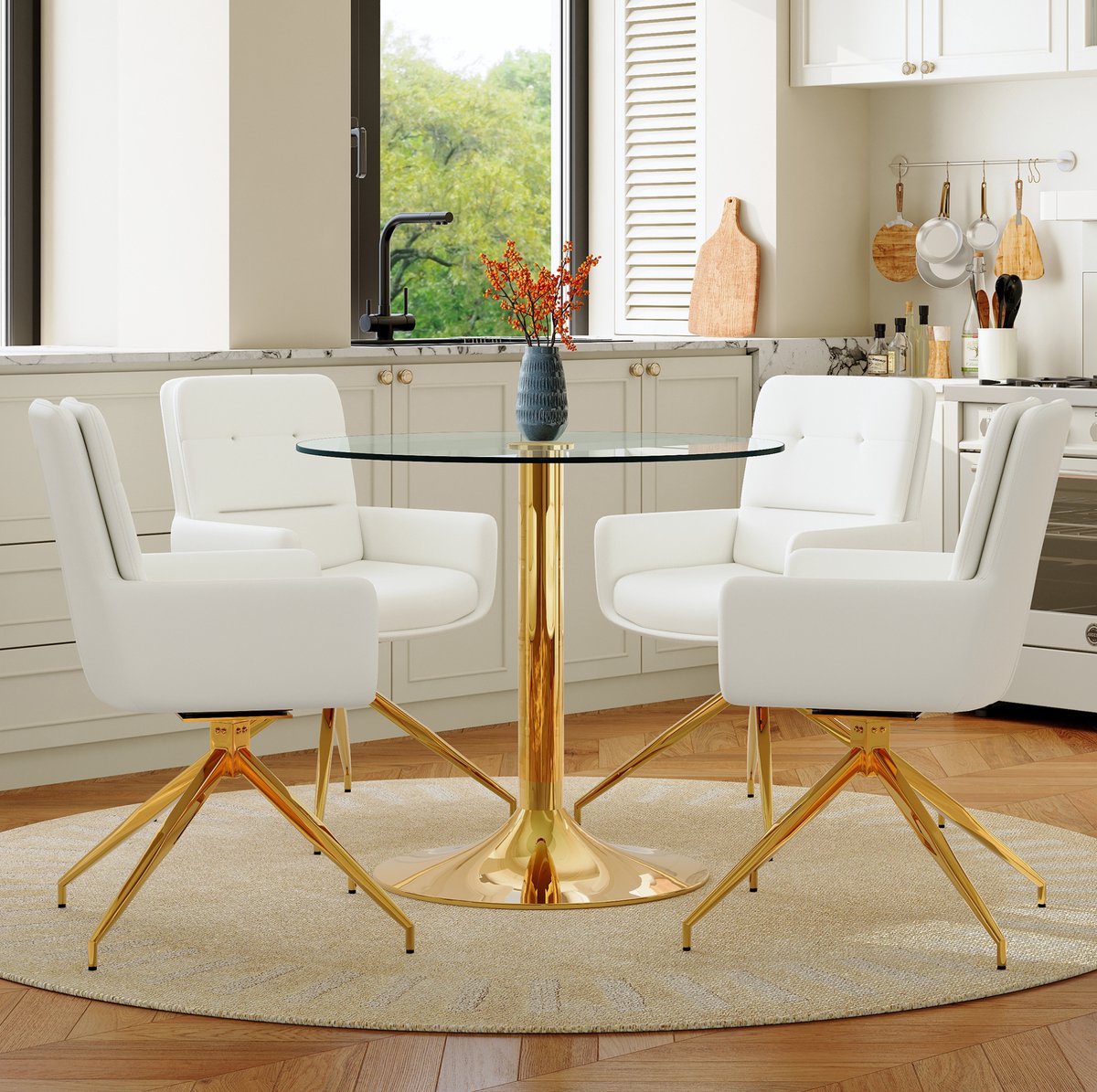 MODFU - Tafel- En Stoelenset - Ronde Glazen Tafel Met 4 Draaistoelen - Wit Goud - 85 Cm