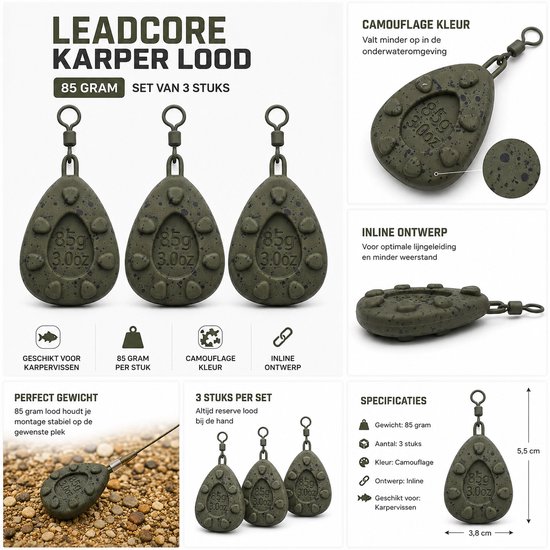 Set van drie druppelvormige karperloodjes van 85 gram in camouflagekleur met '85g 3.0oz' erop. Inline ontwerp.