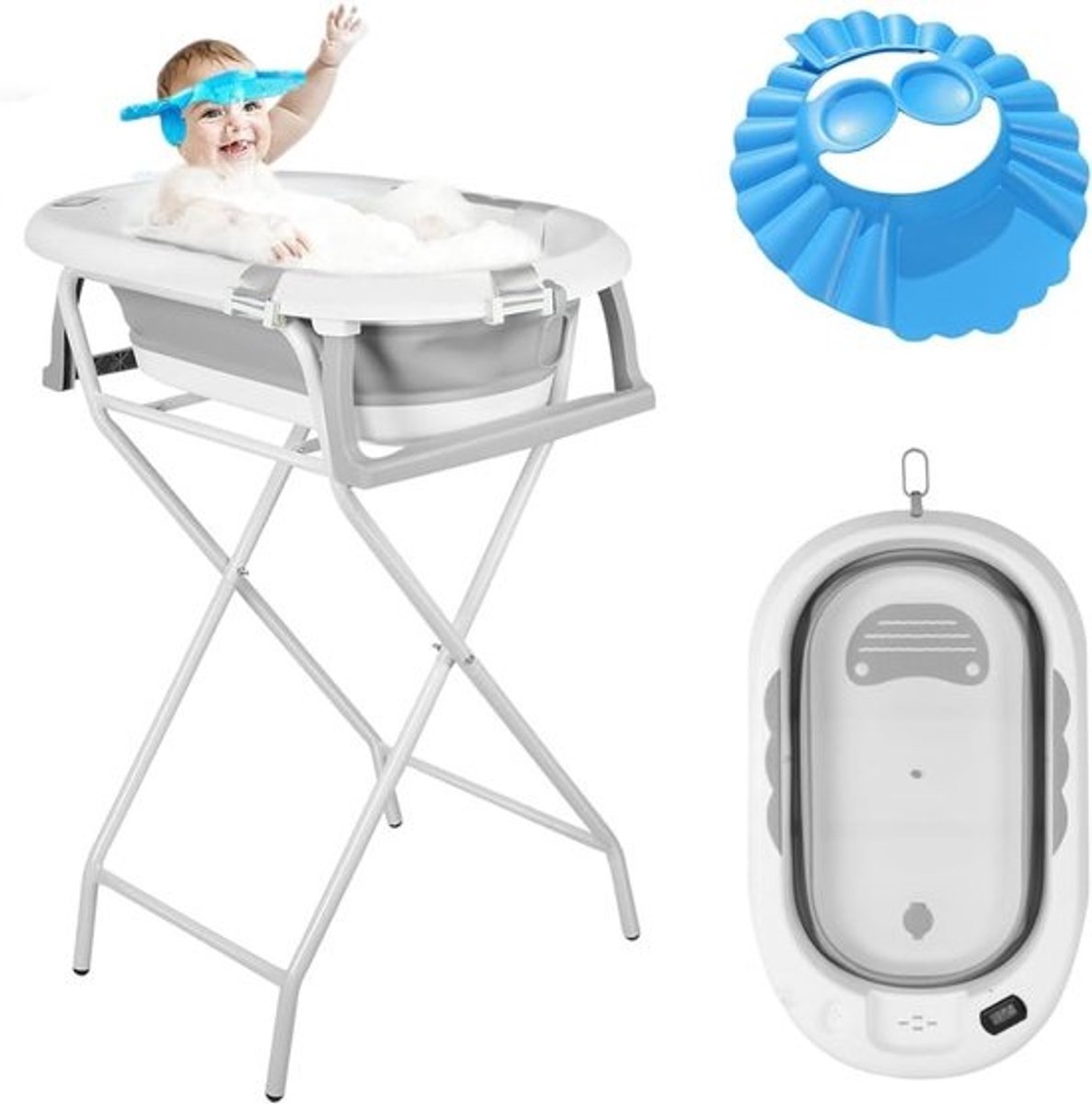 Baby Bad met Standaard - Opvouwbaar Babybad - Veilig Baden - Ingebouwde Thermometer - 85 cm Hoog - Donkergrijs