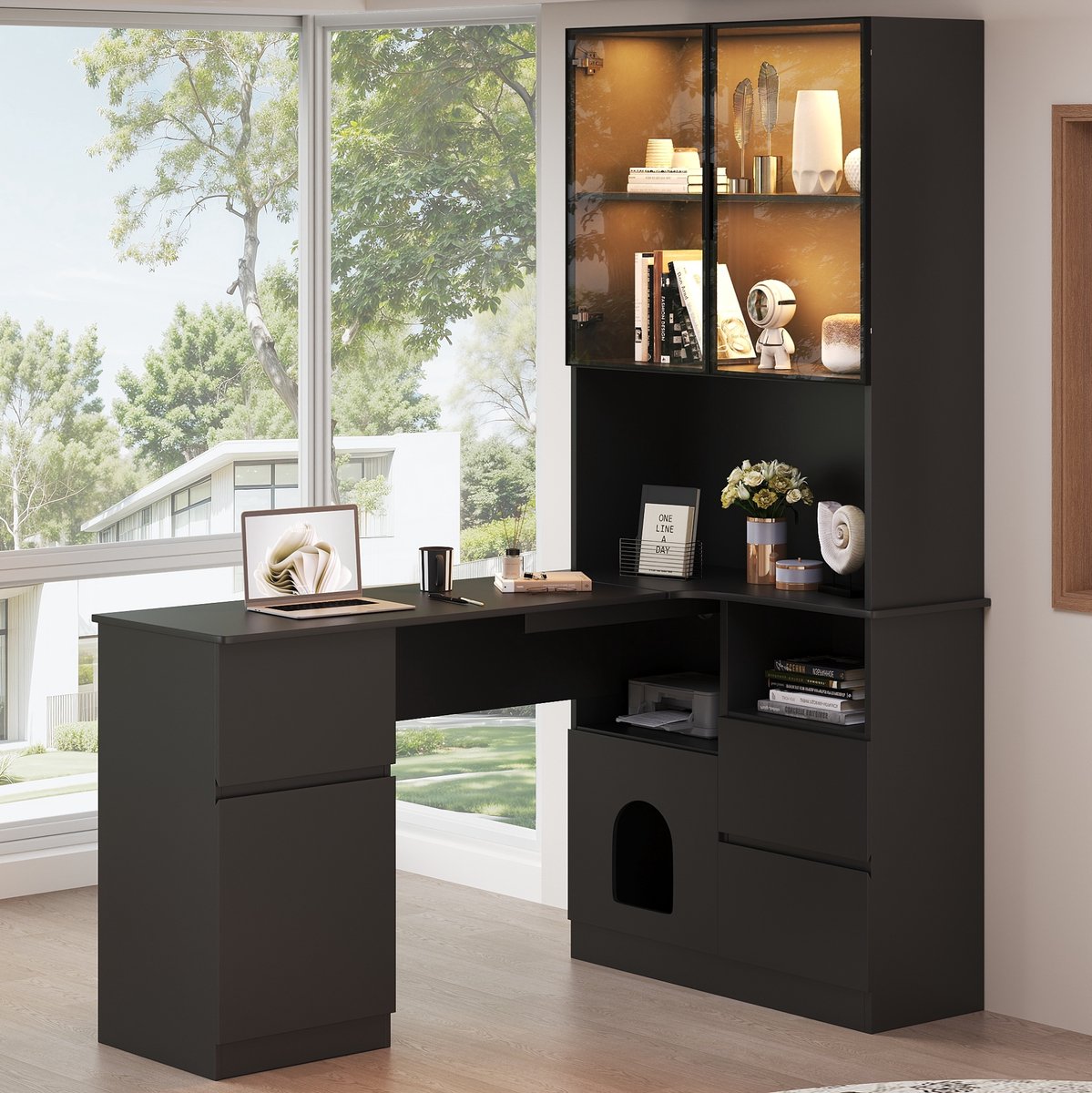 MODFU - Hoekbureau - LED-Vitrine - 3 Lades - 2 Deuren - Zwart - MDF