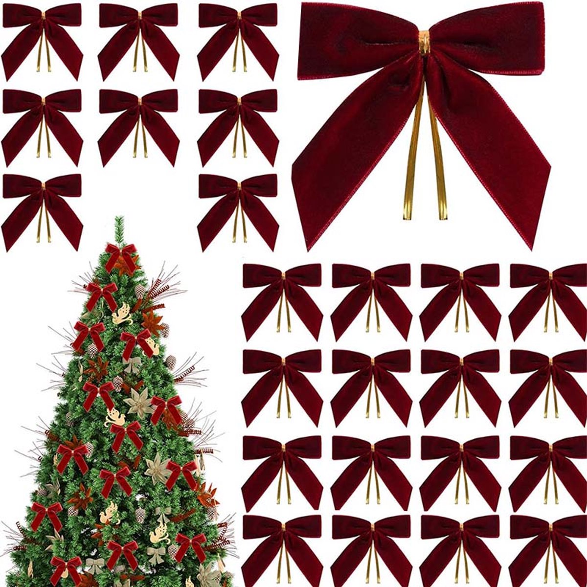 24 stuks Fluwelen kerststrikken – 9 cm – Perfect voor kerstboom, feest, krans & woningdecoratie – Donkerrood