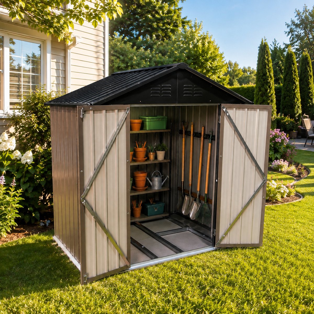 Multifunctionele tuinhuis - Metaal Gereedschapsschuur - Tuinhuis met Schuin Dak - Outdoor Tuinopslag - 178x118x191 cm - Met geïntegreerd vloerframe - Met Afsluitbare deur - Weerbestendig - Voor Achtertuin, Terras en Grasveld - Bruin